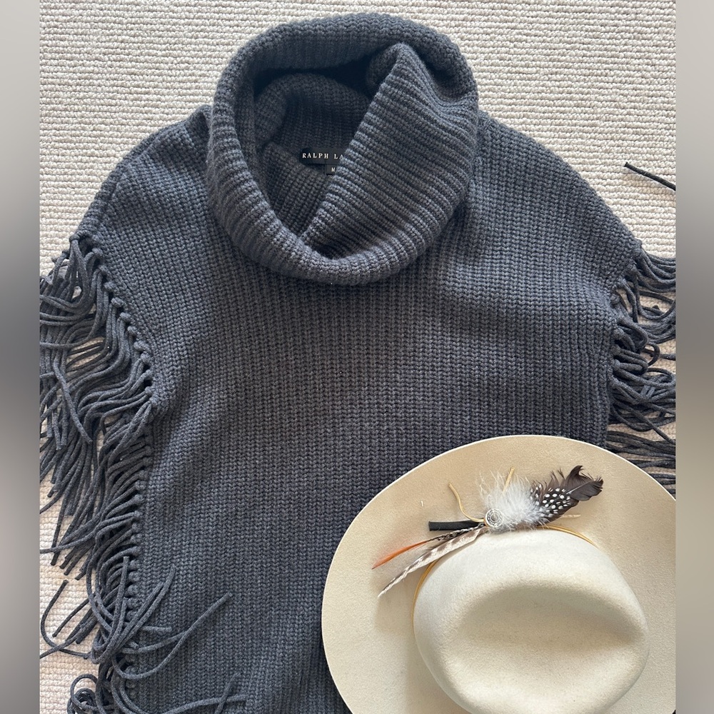 Ralph Lauren Charcoal Turtleneck Fringe Knit Sweater - Picture 2 of 6